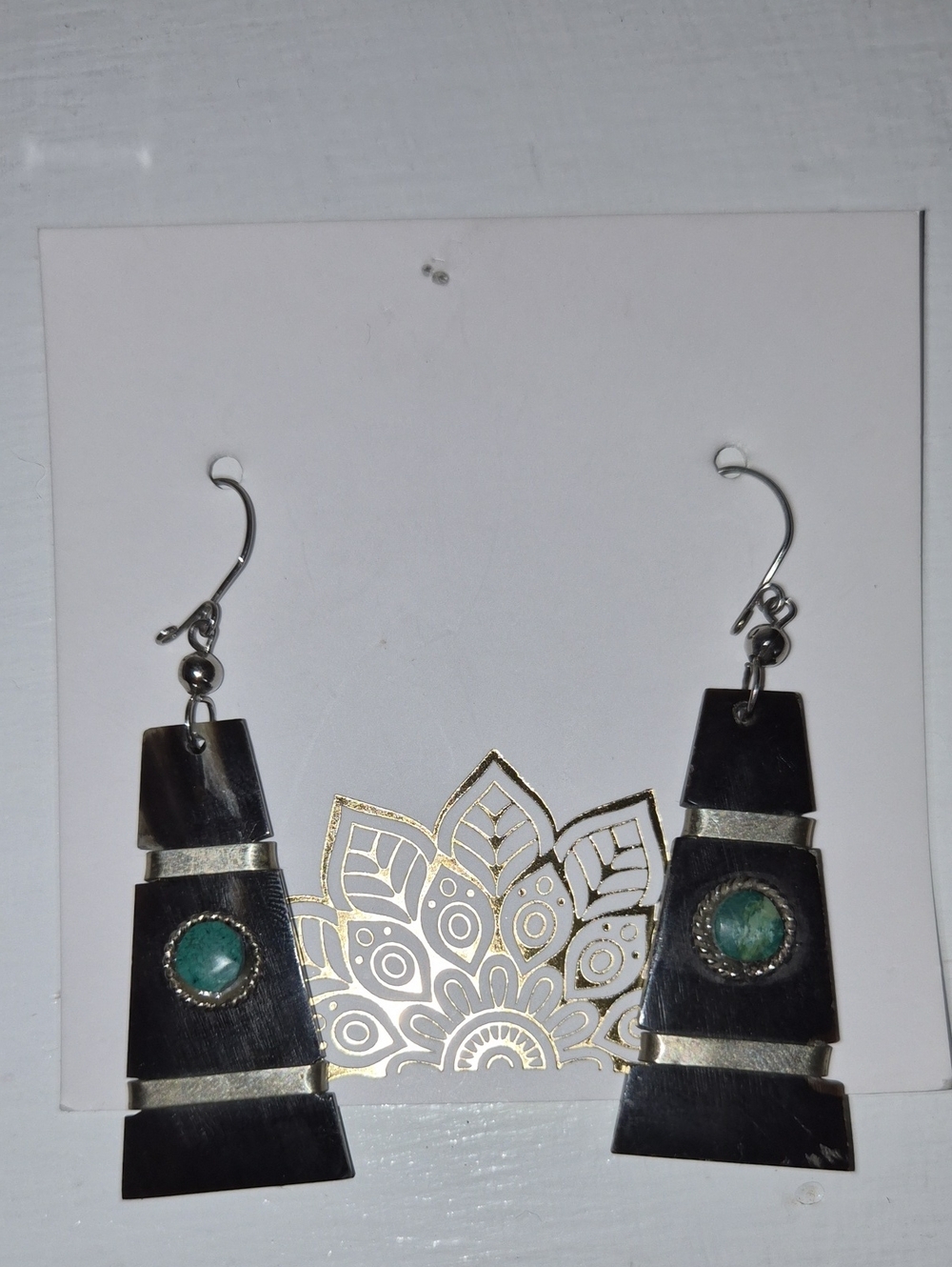 Handcrafted Black and Silver Drop Earrings with Teal Stone